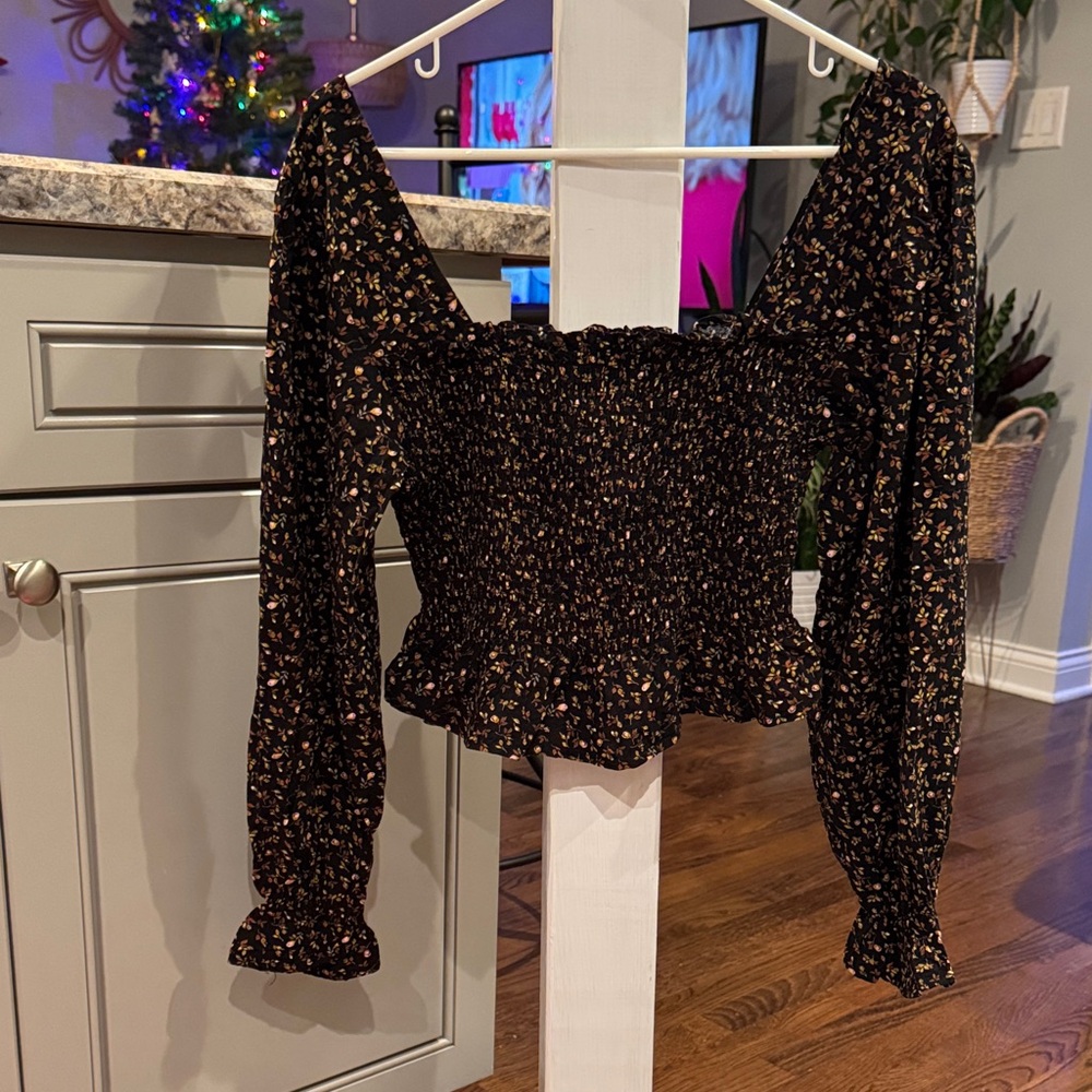 Off the Shoulder Smocked Long Sleeved Blouse- Floral and Black